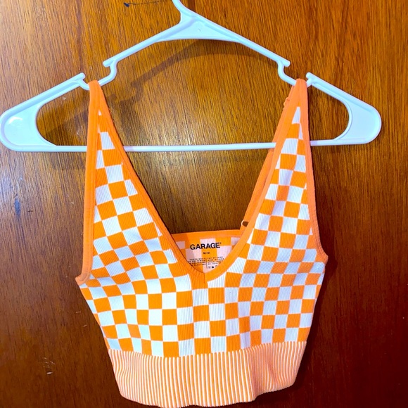 Garage Tops Garage Womens Orange And White Gingham Crop Top Size